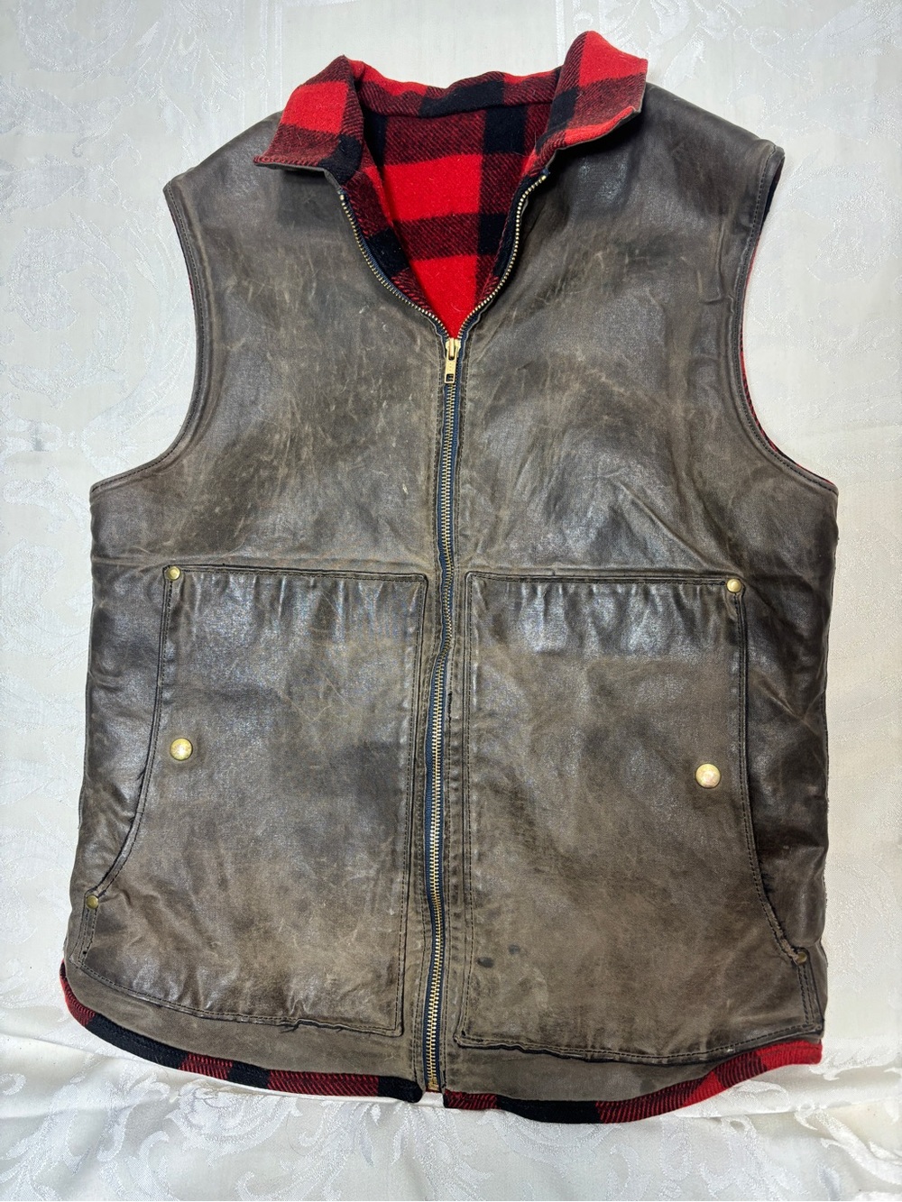 Men's Brown Leather Vest with Red Plaid Wool Lining